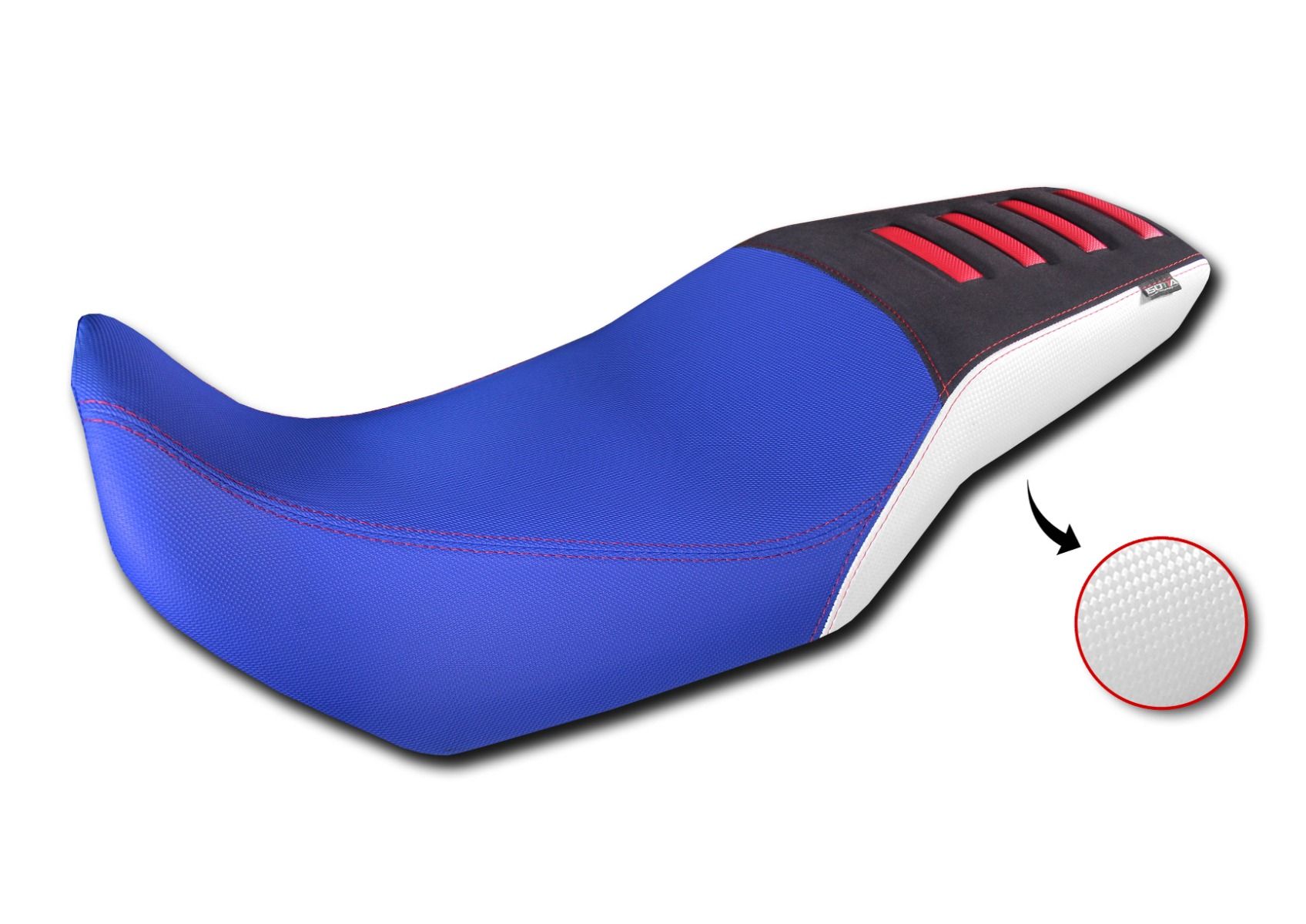 Funda de asiento Comfort de fibra 3D para Honda XL 750 Transalp, azul / blanco / negro con inserciones rojas