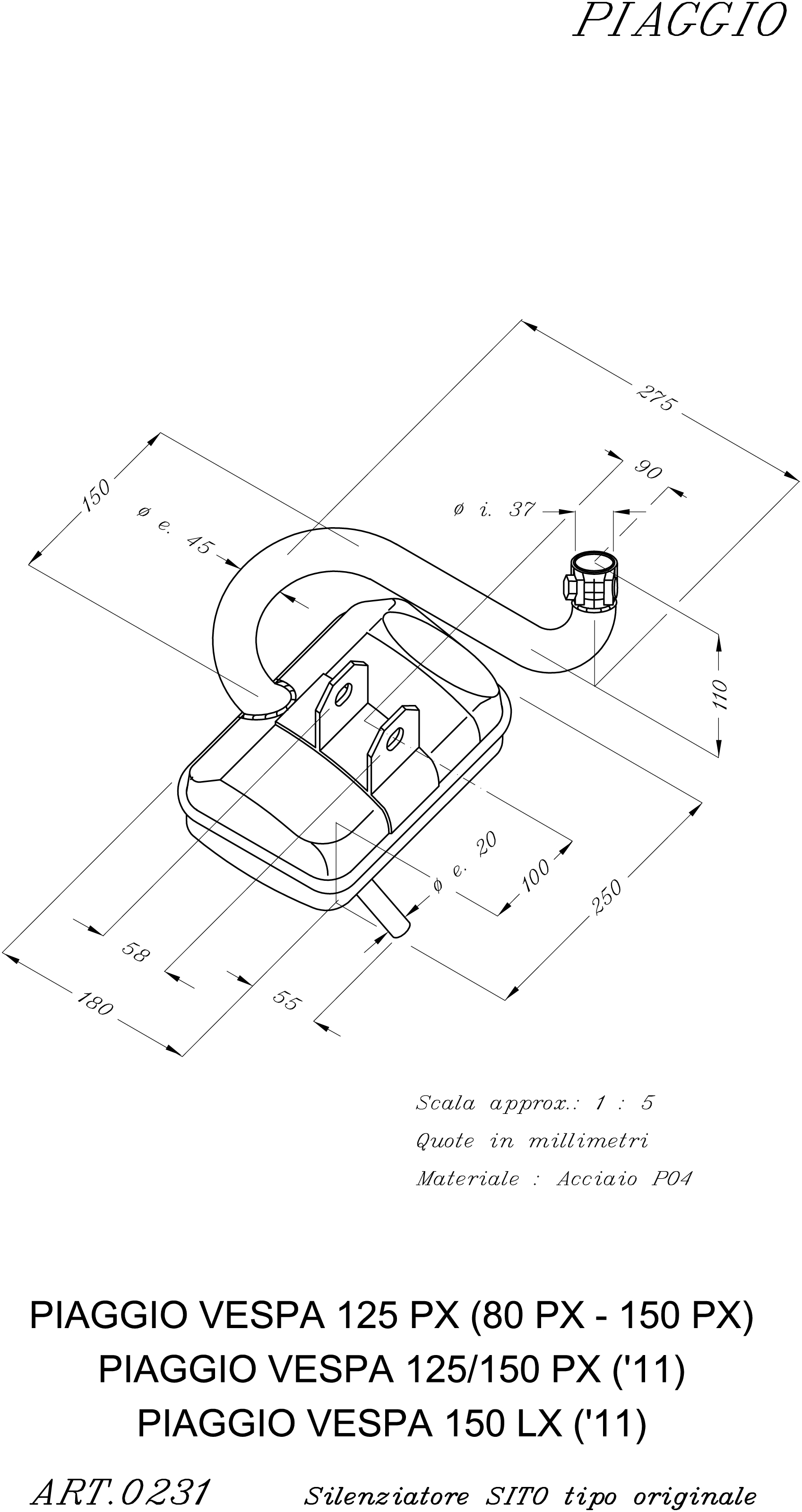Sistema de escape Sito / LeoVince Standard, acero para Vespa PX