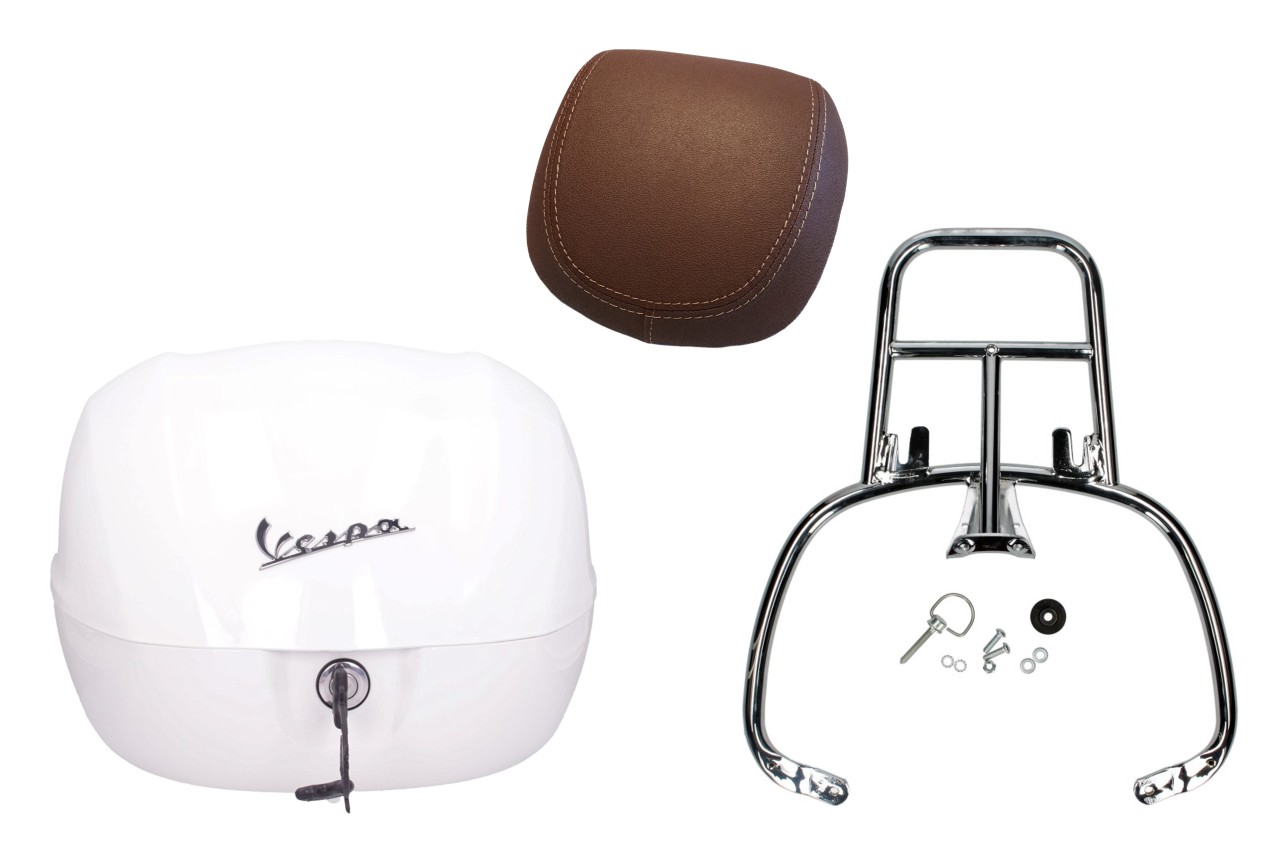 Kit Topcase 32L blanco montebianco (BR/544), cojín de respaldo marrón oscuro para PIaggio Medley 125 (24-)