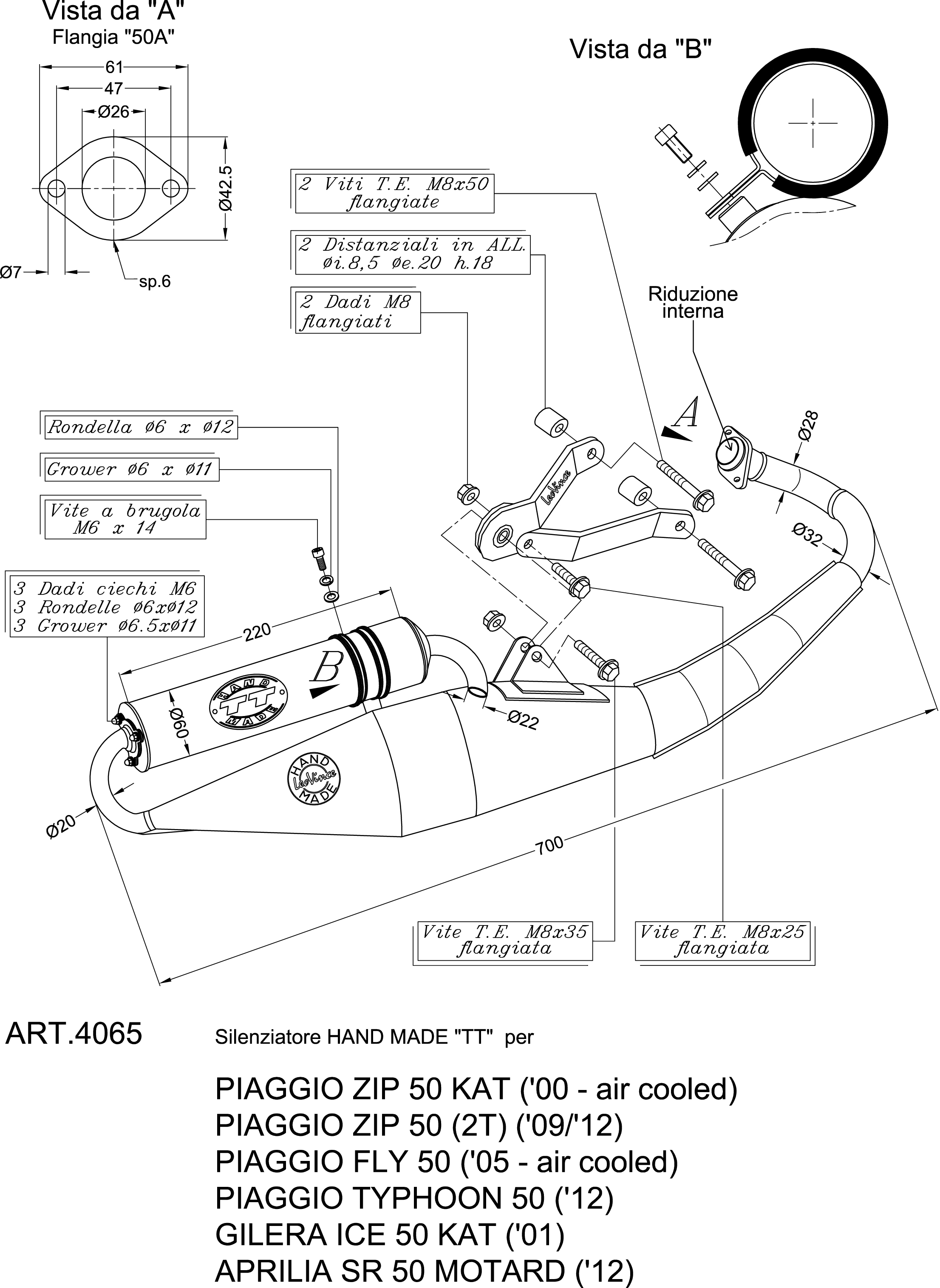 LeoVince Sistema de escape TT hecho a mano, acero, sistema completo para Aprilia / Piaggio