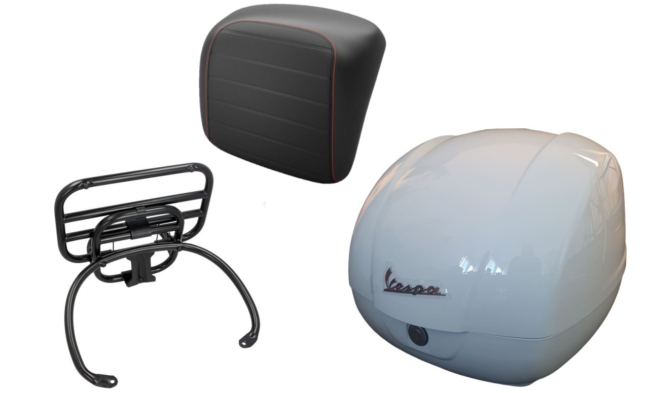 Kit baúl 36L blanco, portaequipajes negro, respaldo negro con costuras naranjas para Vespa GTS