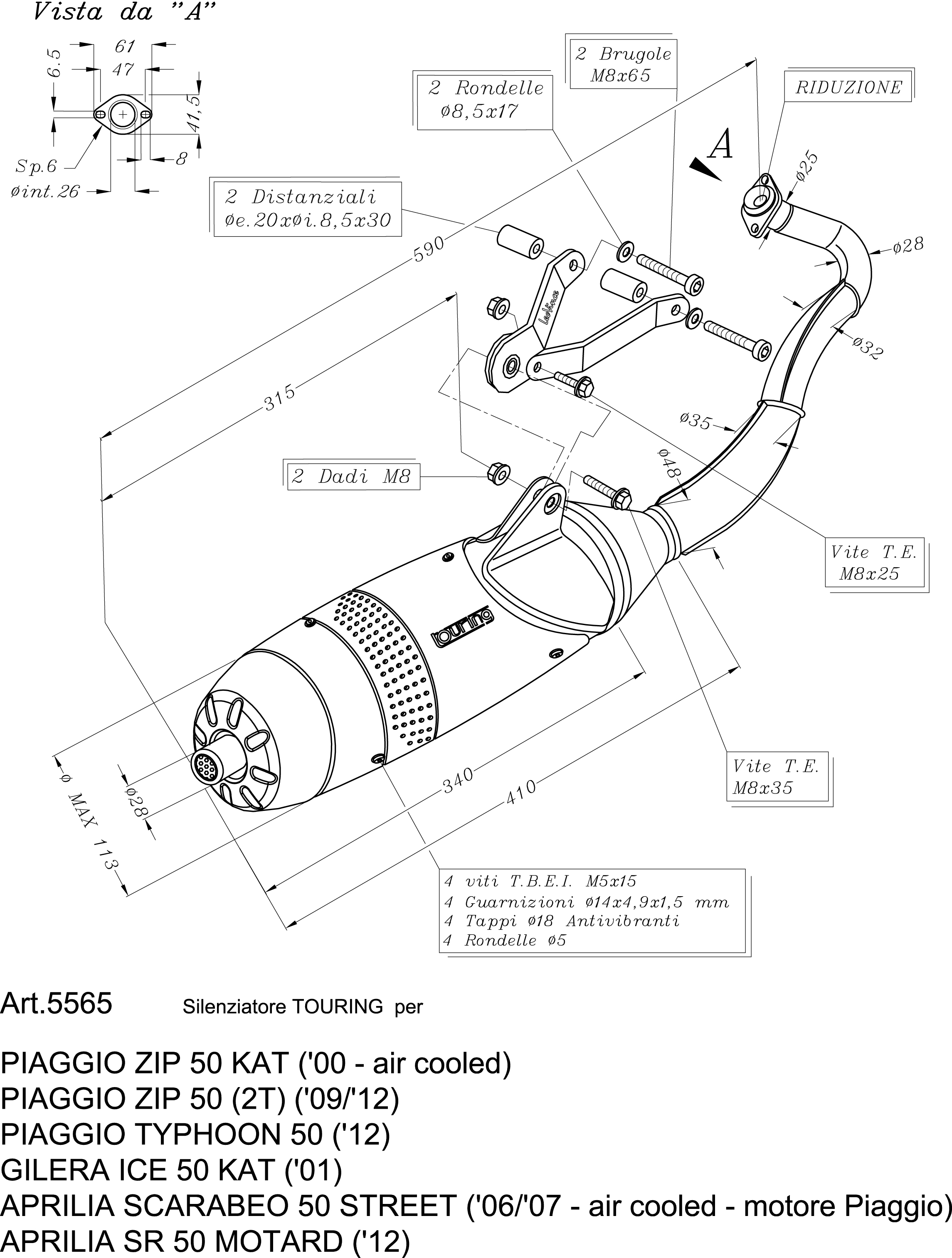 Sistema de escape LeoVince Touring, acero, sistema completo para Aprilia / Piaggio