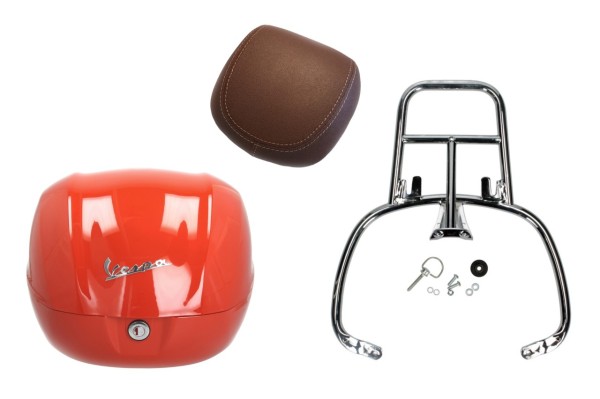 Kit Topcase 32L naranja impulsivo (A11), cojín de respaldo marrón oscuro, portaequipajes cromado para Primavera