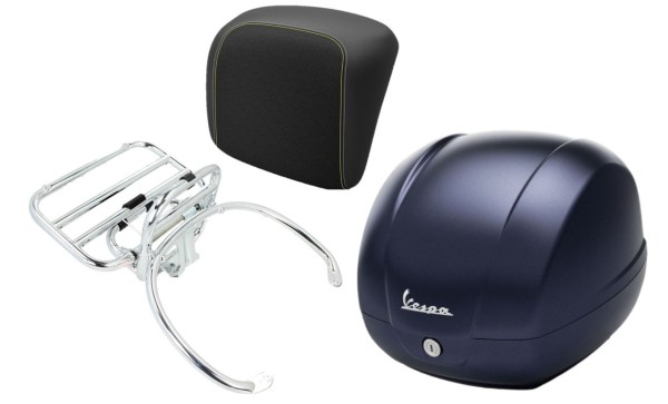Kit baúl 36L azul oscuro opaco mate (288/A), portaequipajes cromado para Vespa GTS 125/300/310