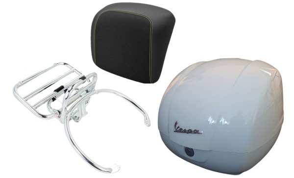 Kit baúl 36L blanco (B04), portaequipajes cromado, respaldo negro con costuras amarillas para Vespa GTS