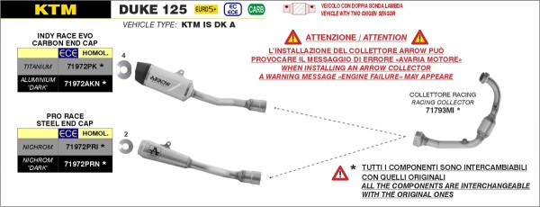 Colector ARROW Racing sin catalizador para KTM Duke 125 (24-) /125 Enduro R (25-) /125 SMC R (25-)