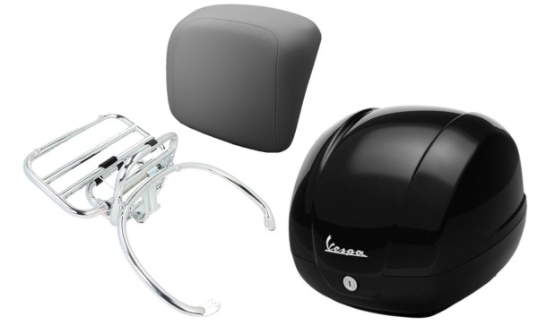 Kit baúl 36L nero cosmo (98/A), portaequipajes cromado, respaldo gris para Vespa GTS 125/300/310