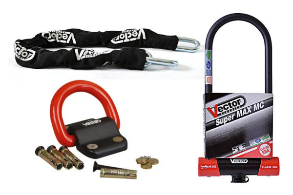 Conjunto antirrobo VECTOR con cadena 1,30 m + antirrobo MC Super MAX XXXL U + ancla de tierra Compac